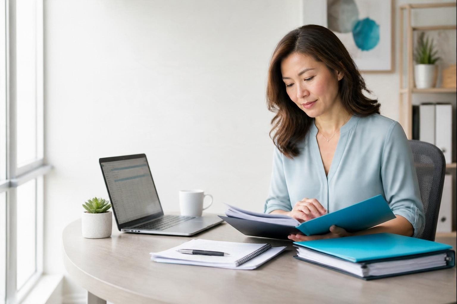 Bookkeeping as a Second Job: Why Your Business Needs a Better System Small business owner reviewing organized financial folders and bookkeeping records at her laptop.